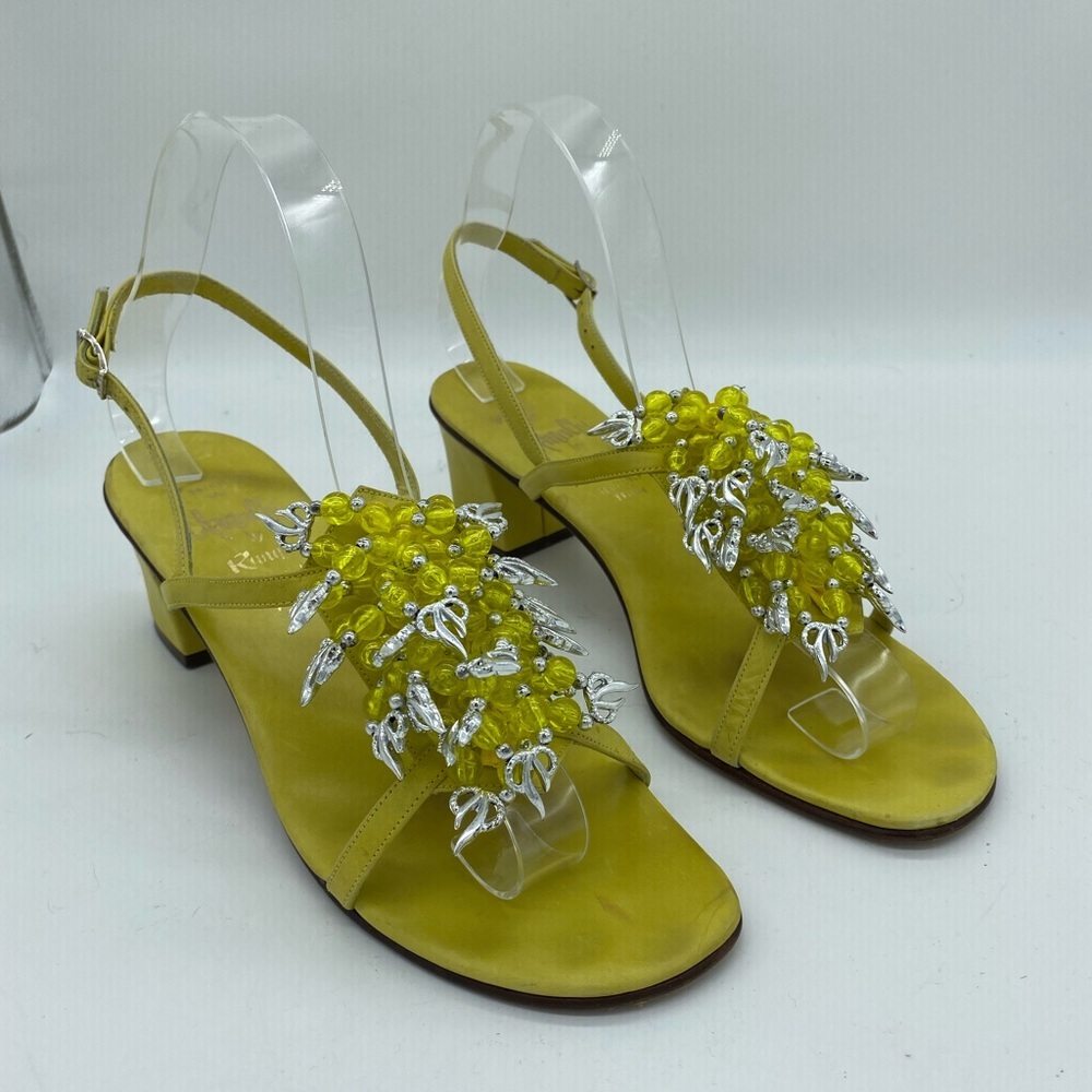 Amalfi Rangoni Block Heels Leather Yellow Slingback Sandals Womens Size 8 N
